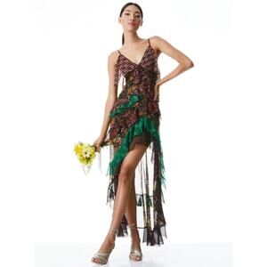 Alice + Olivia $695 Laverne Nomad Multi Asymmetric Ruffle Slip Dress Women’s 4